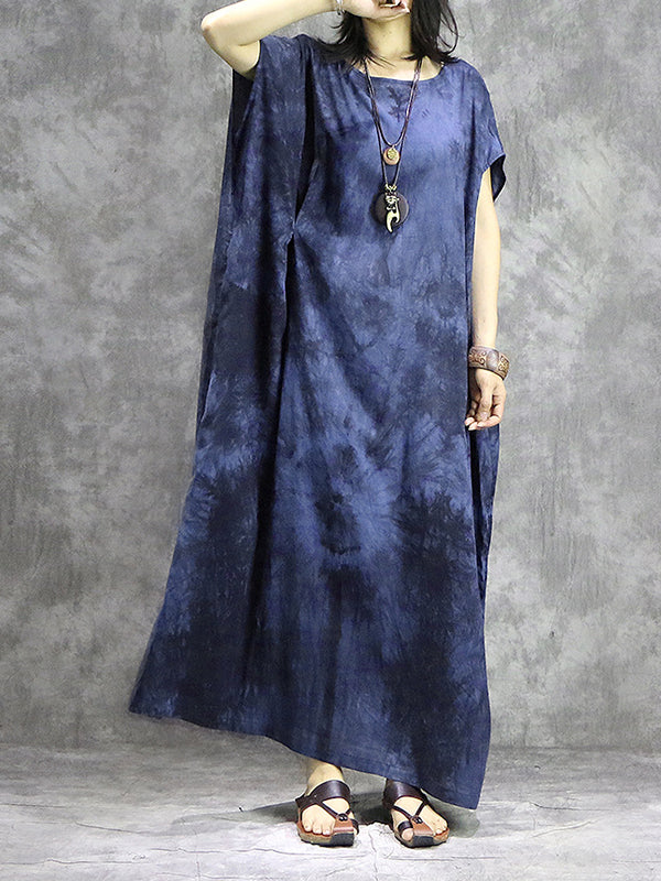 Tie Dye Oversized Short Sleeve Kaftan Shift Column Maxi Dress