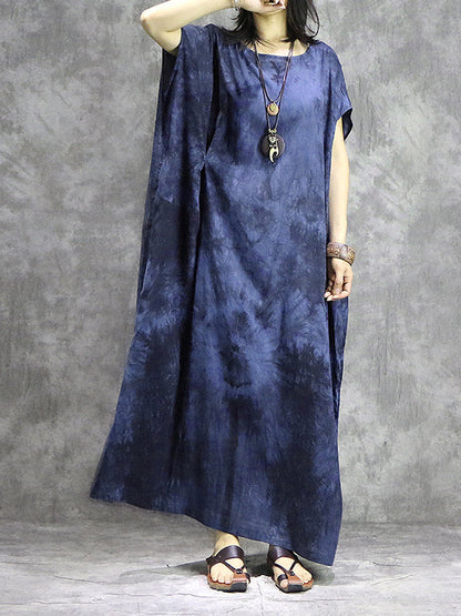 Tie Dye Oversized Short Sleeve Kaftan Shift Column Maxi Dress