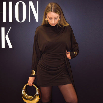 Mock Neck Long Sleeve Metal Cuff Ruched Drape Mini Dress