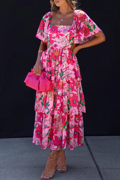 Square Neck Flutter Sleeve Waist Cutout Tiered Ruffle Floral Midi Dress