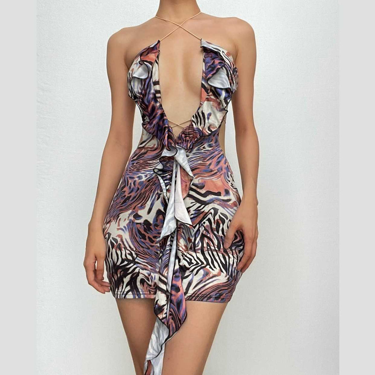 Halter Deep V Neck Ruffle Trim Zebra Marble Print Bodycon Mini Dress