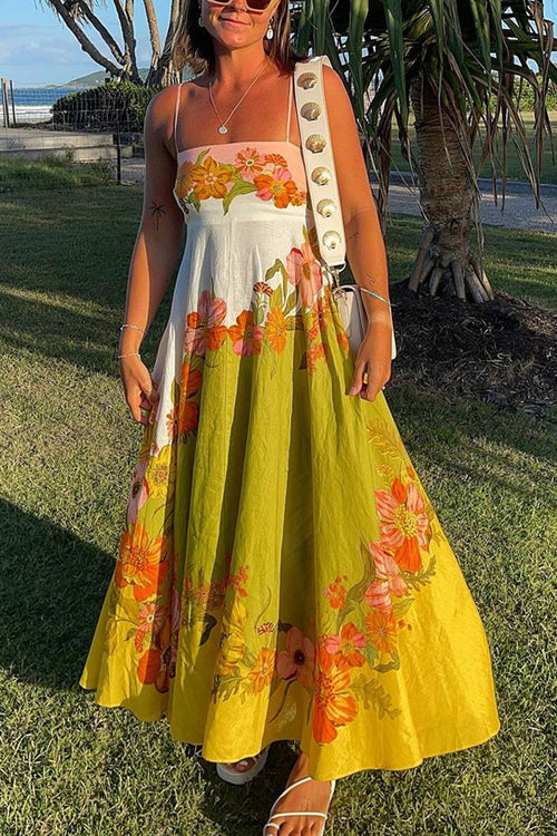 Square Neck Spaghetti Strap Ombre Border Large Floral Print Maxi Dress