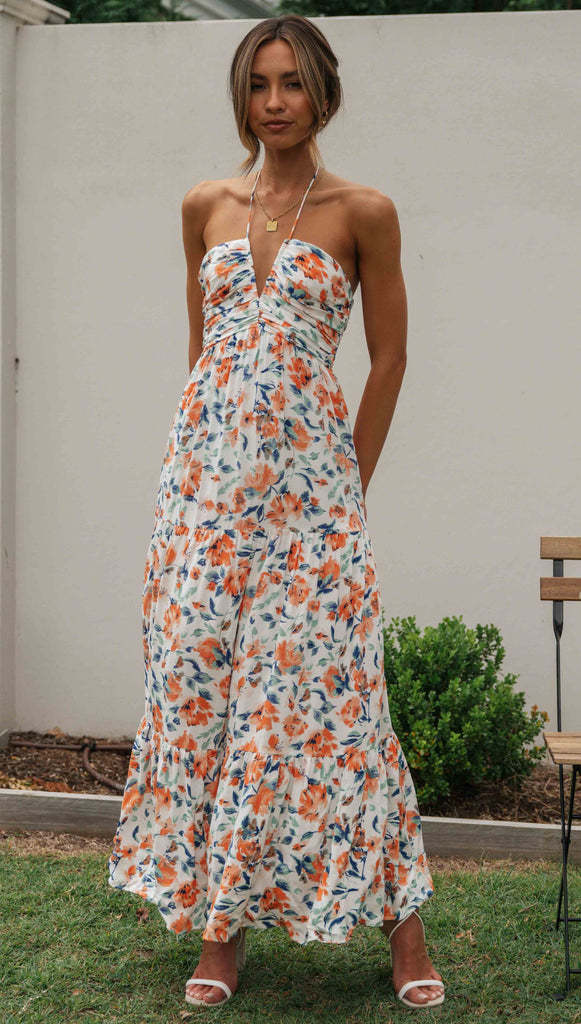 Halter Neck Plunging V Neck Ruched Tiered Floral Print Maxi Dress
