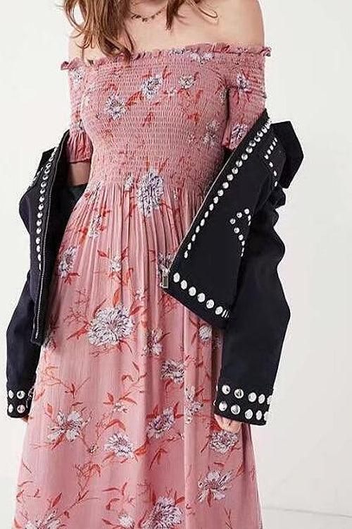 Off Shoulder Smocked Floral Ruffle Sleeve Midi Dress