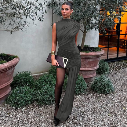 Mock Neck Ruched Asymmetric High Low Train Mini Dress