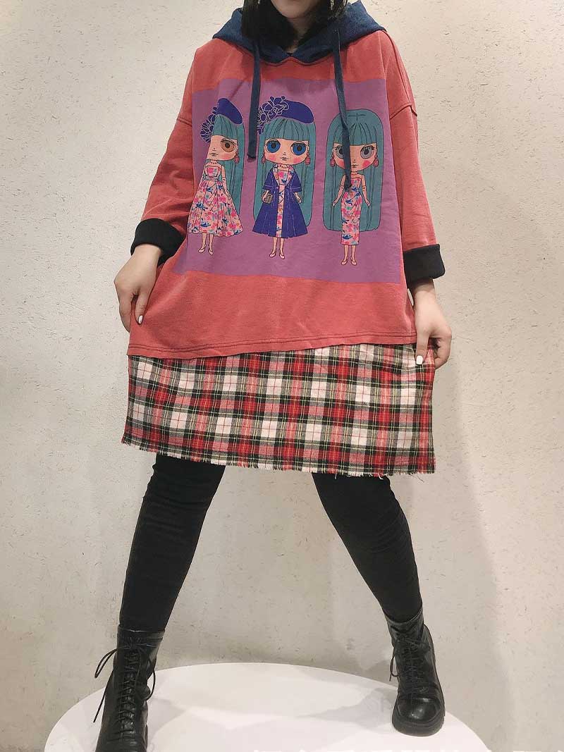 Hooded Doll Print Sweatshirt Midi Dress