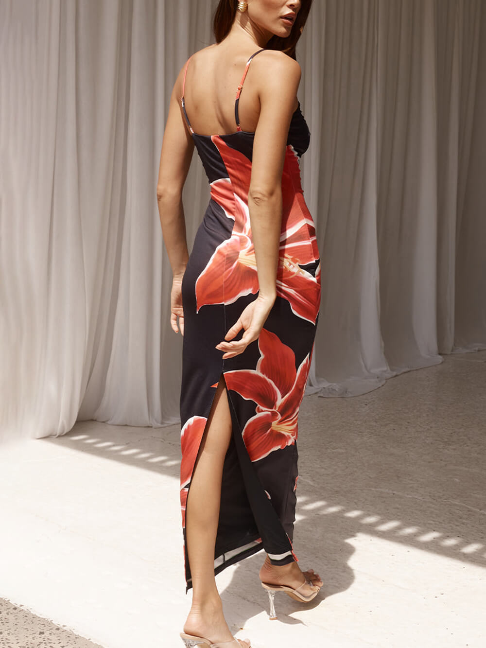Spaghetti Strap Large Lily Floral Print Bodycon Maxi Dress