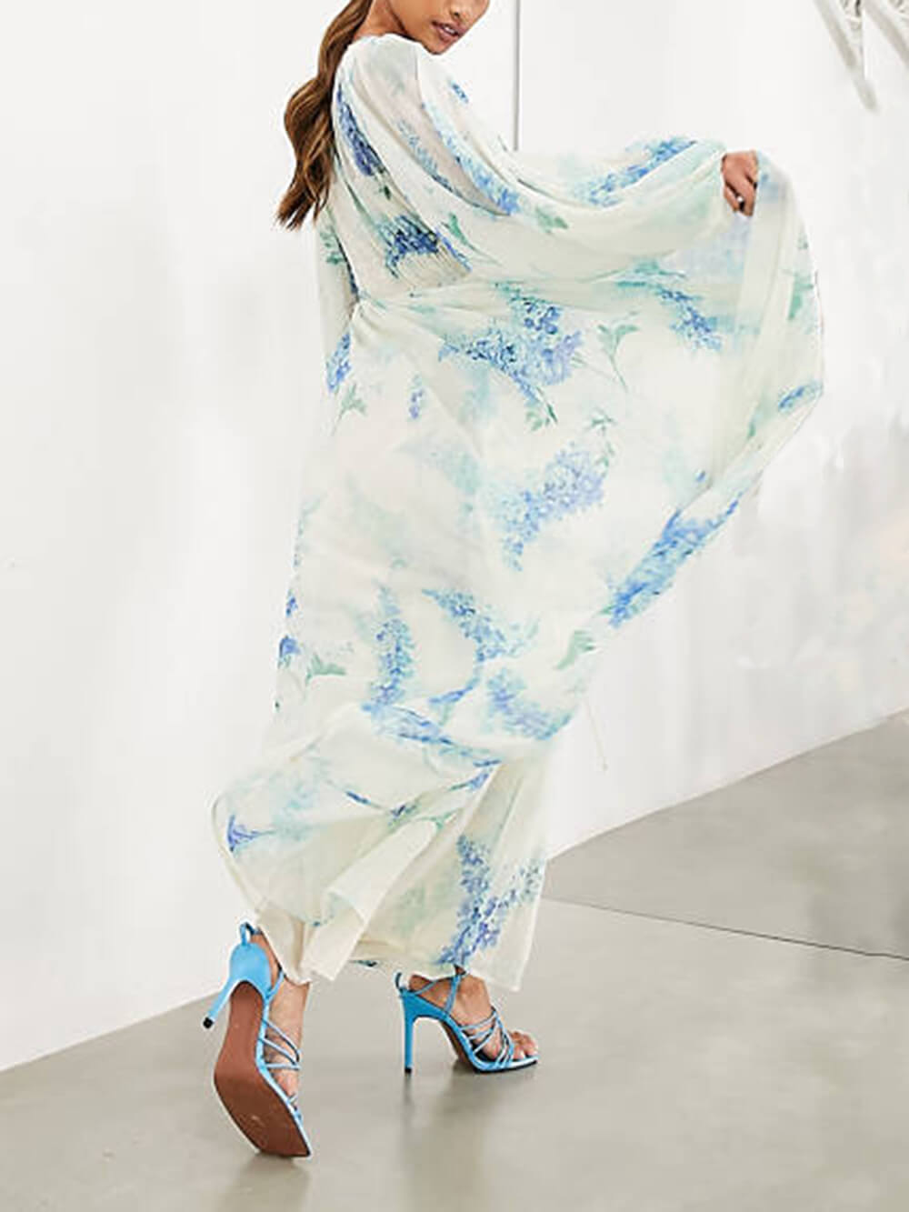 Botanical Floral Print Deep V-Neck Bishop Sleeve Drawstring Waist Maxi Dress