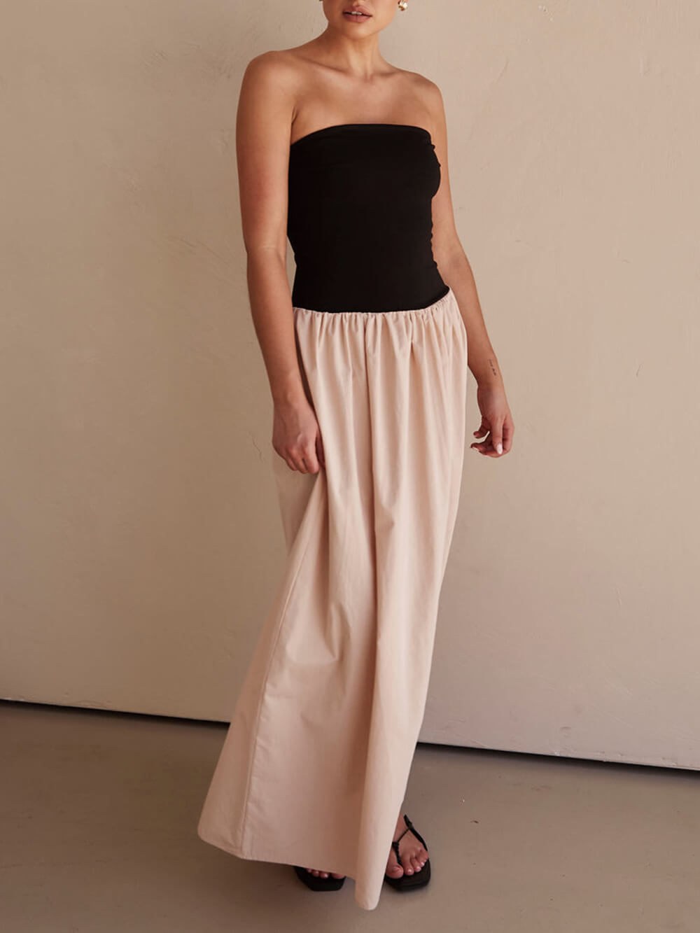 Strapless Bandeau Two-Tone Colorblock Gathered Waist Maxi Gown