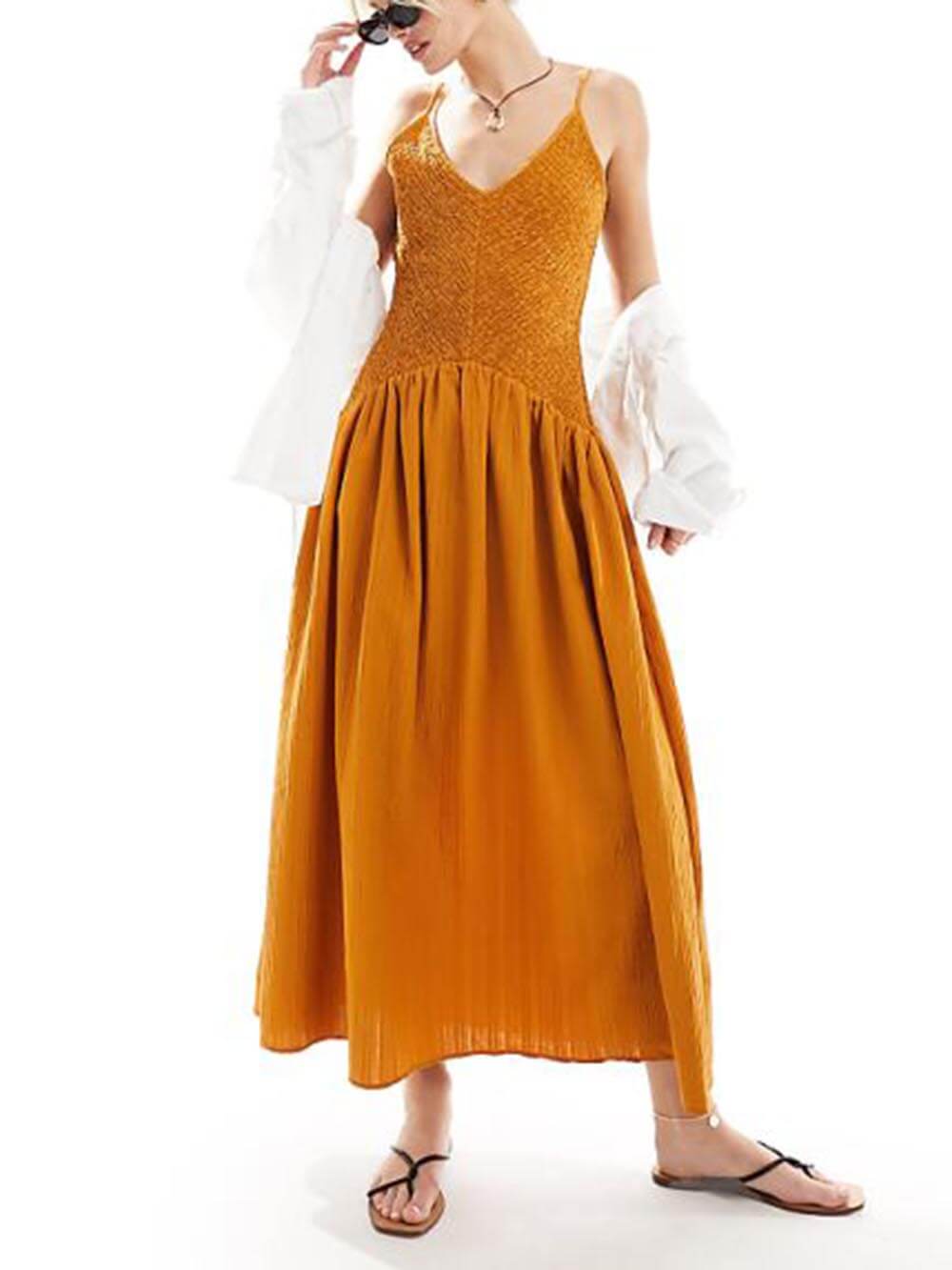 Crochet V Neck Smocked Waist Suspender Midi Dress