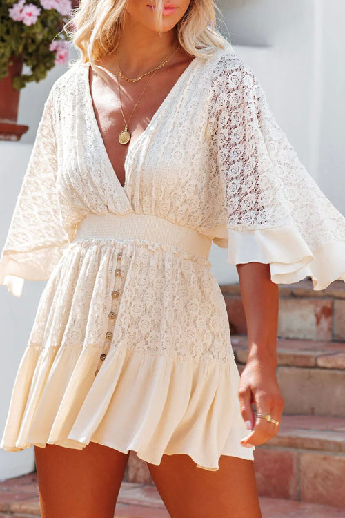 Lace Deep V-Neck Bell Sleeve Smocked Waist Button Front Ruffle Hem Mini Dress