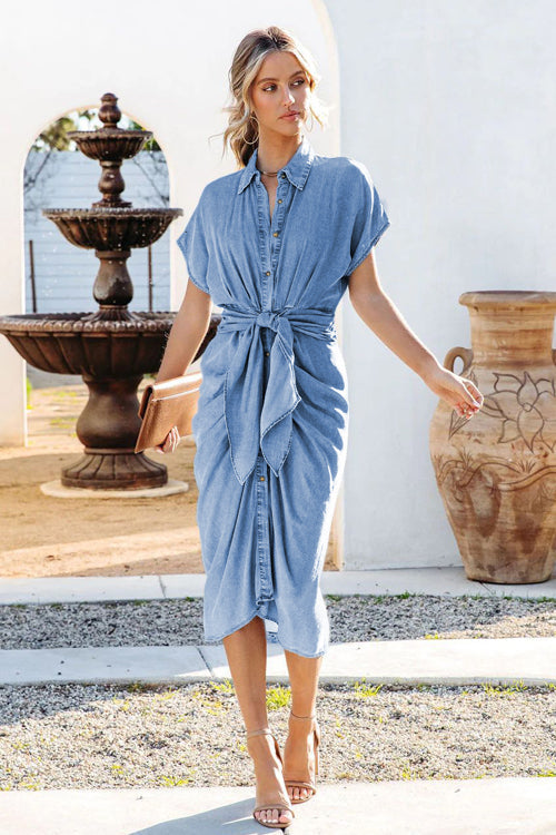Collared Short Sleeve Tie Front Button Down Chambray Midi Dress