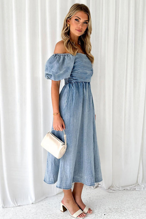 Strapless Denim Corset Button Front Midi Dress