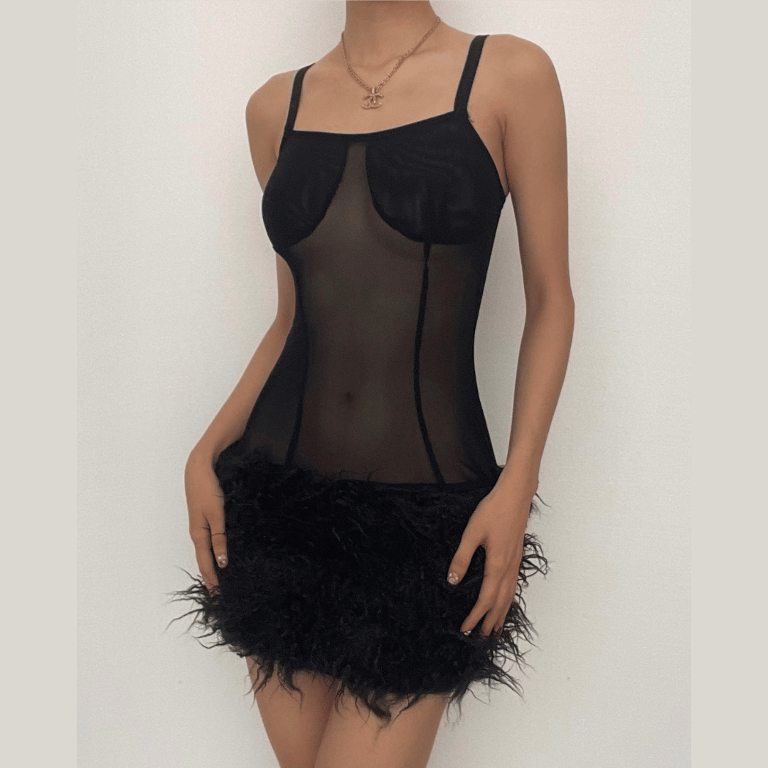 Square Neck Mesh Panel Feather Hem Bodycon Mini Dress