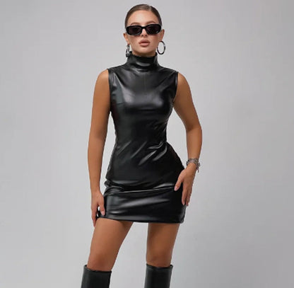 Mock Neck Sleeveless Faux Leather Bodycon Mini Dress