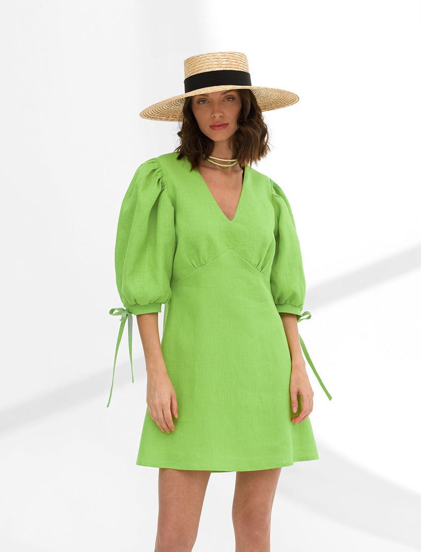 Deep V Neck Puff Sleeve Tie Cuff Empire Waist Linen Mini Dress