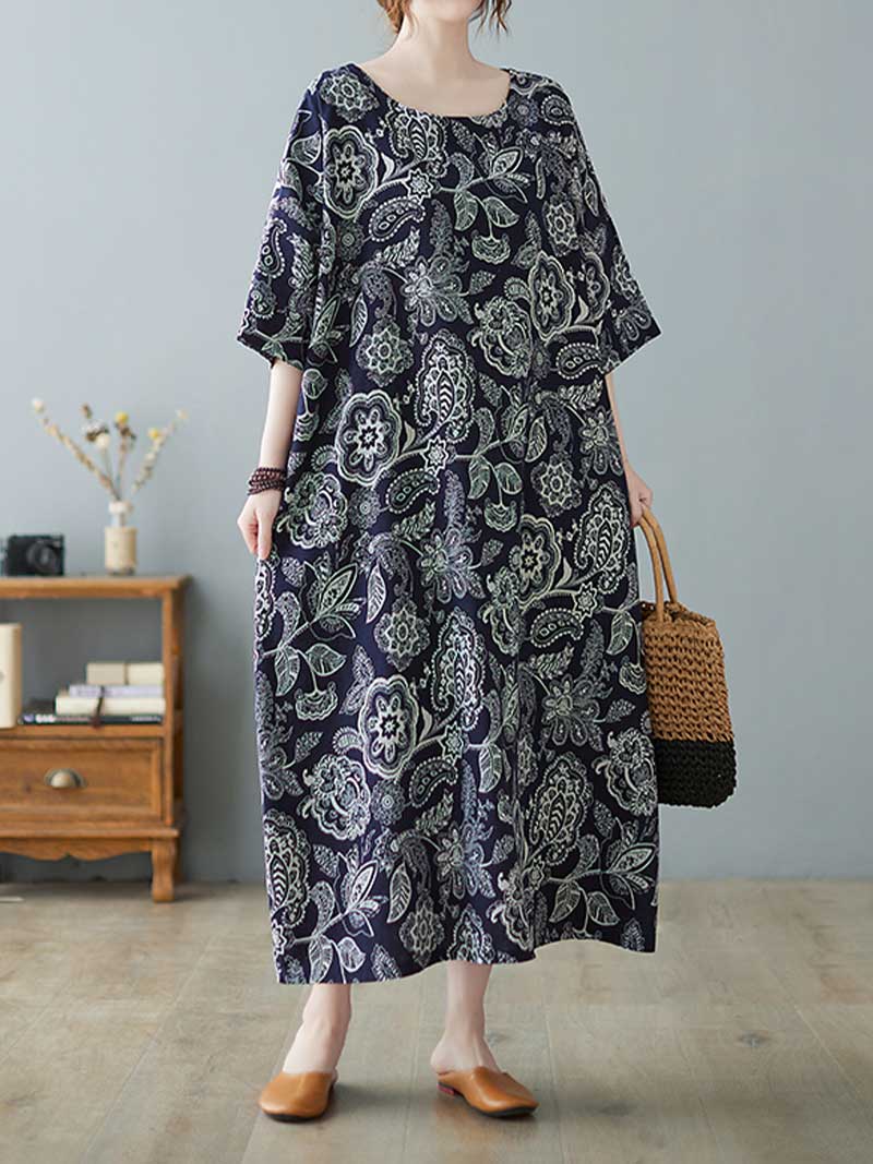 V Neck Batwing Sleeve Abstract Print Kaftan Midi Dress