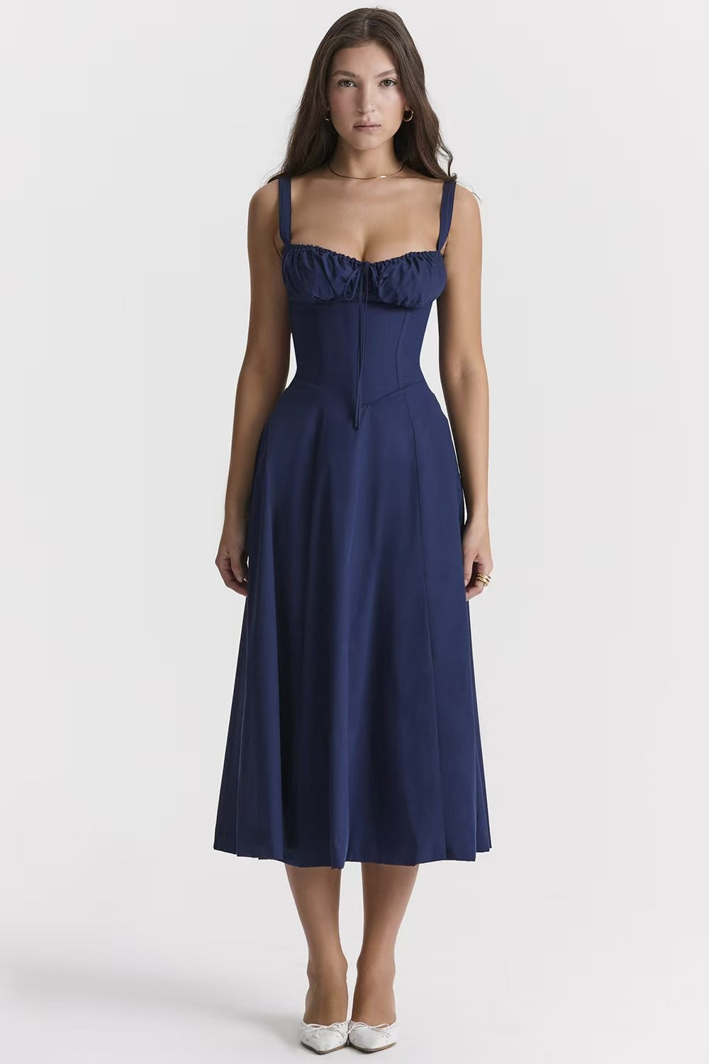 Tie Front Ruched Bustier Corset Bodice A Line Midi Dress