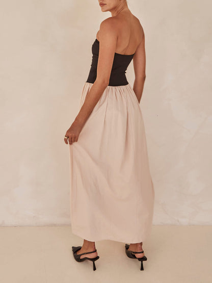 Strapless Bandeau Two-Tone Colorblock Gathered Waist Maxi Gown