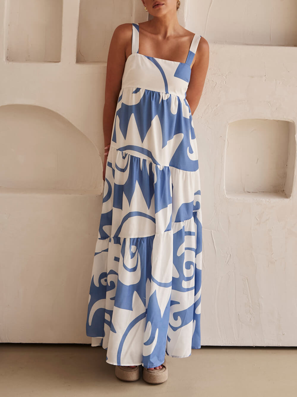 Abstract Geometric Print Square Neck Tiered Empire Maxi Dress