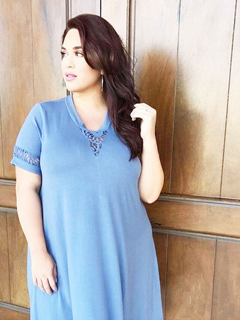 Crew Neck Lace Insert Short Sleeve Swing Midi Dress