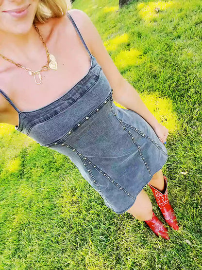 Studded Square Neck Spaghetti Strap Denim Bodycon Mini Dress