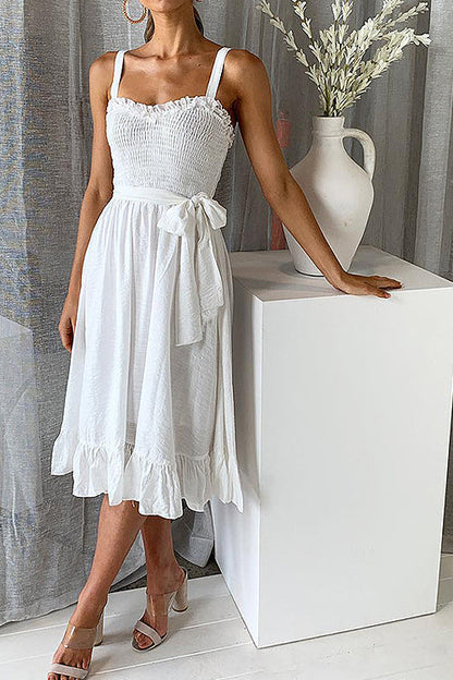Smocked Bodice Wide Strap Tie Waist Ruffle Hem Midi Dress
