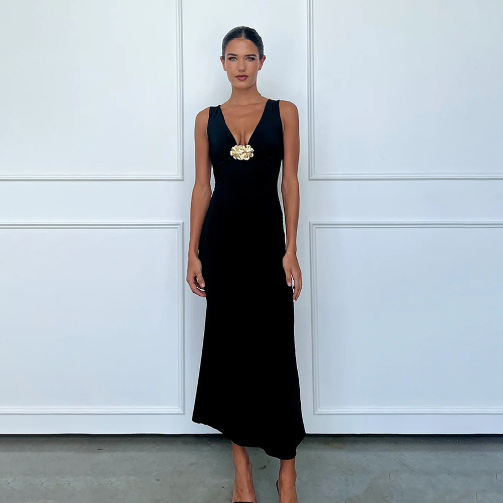 Wide Strap Plunging V Neck Floral Hardware Medallion Column Maxi Dress