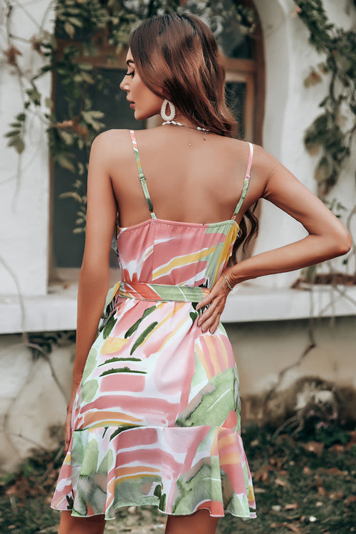 Deep V Floral Print Tiered Mini Dress