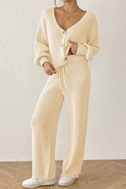 Button-down Crop Cardigan Pants Set