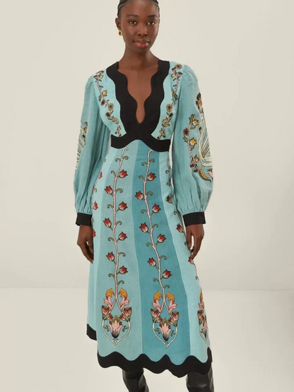 Long Sleeve Smocked Waist Tiered Midi Dress