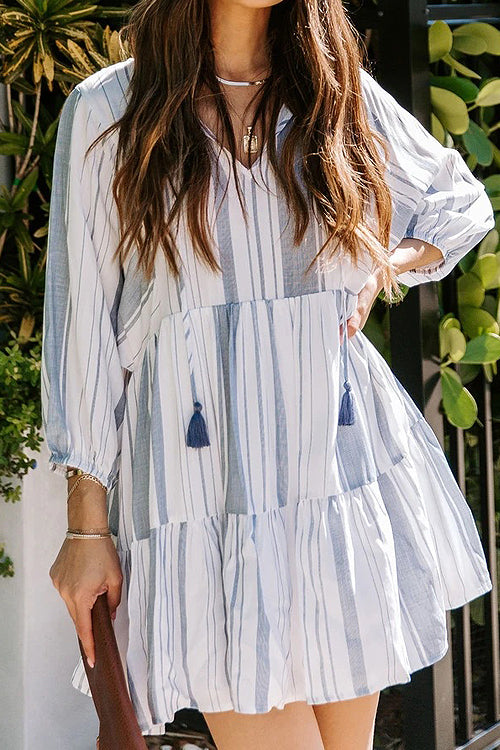 V-Neck Tassel Tie Long Sleeve Tiered Vertical Stripe Babydoll Mini Dress