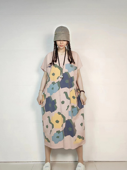 Crew Neck Short Sleeve Abstract Floral Loose Midi Dress