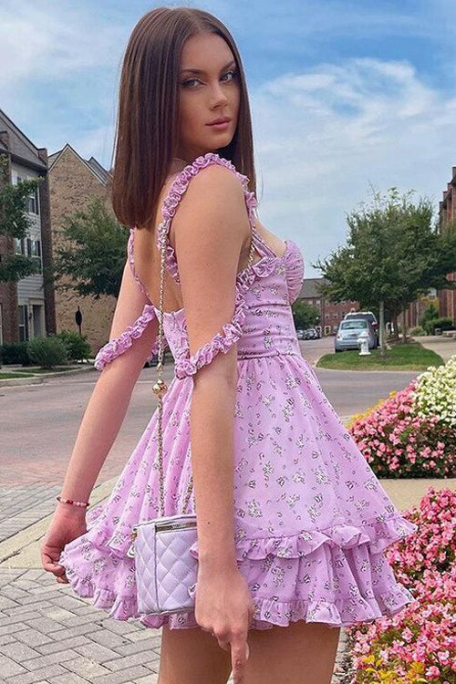 Ruffled Floral Print Mini Dress