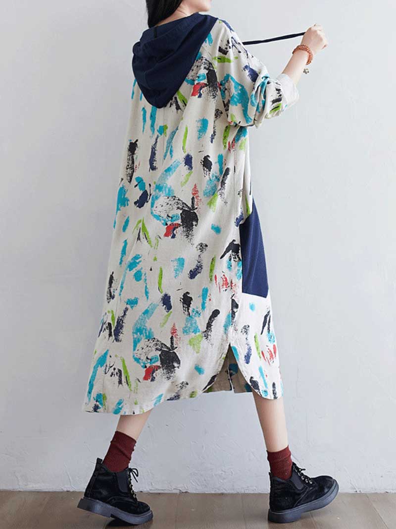 Hooded Zip Front Jacket Style Midi Dress