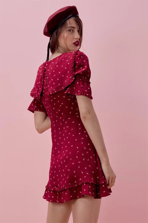 Ruffled Peter Pan Collar Star Print Empire Waist Tiered Mini Dress
