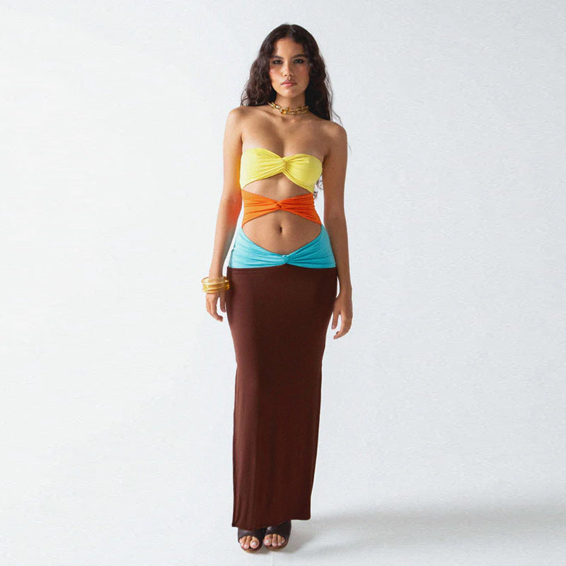 Strapless Twisted Knot Tiered Cutout Bandage Column Maxi Gown