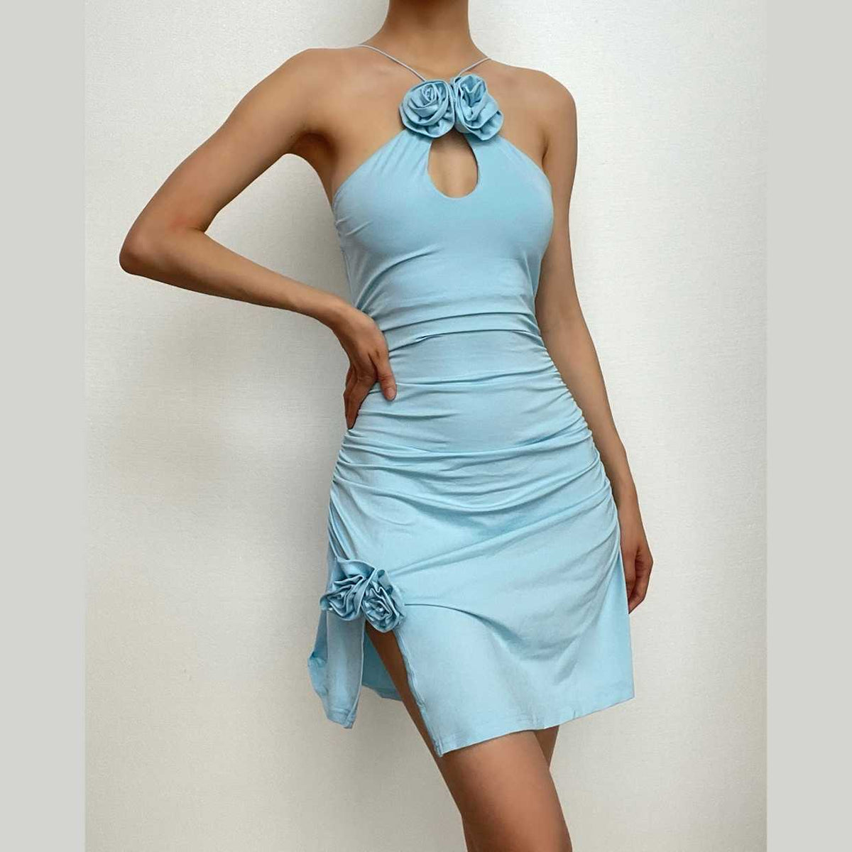 Halter Flower Applique Keyhole Ruched Side Slit Mini Dress