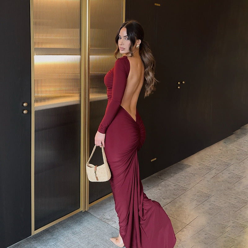 Long Sleeve Backless Ruched Column Maxi Gown