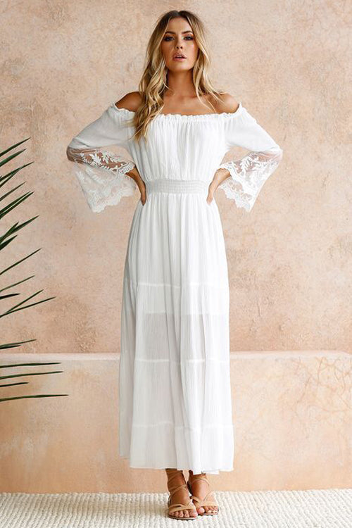 Off Shoulder Smocked Lace Cuff Bell Sleeve Tiered Maxi Dress