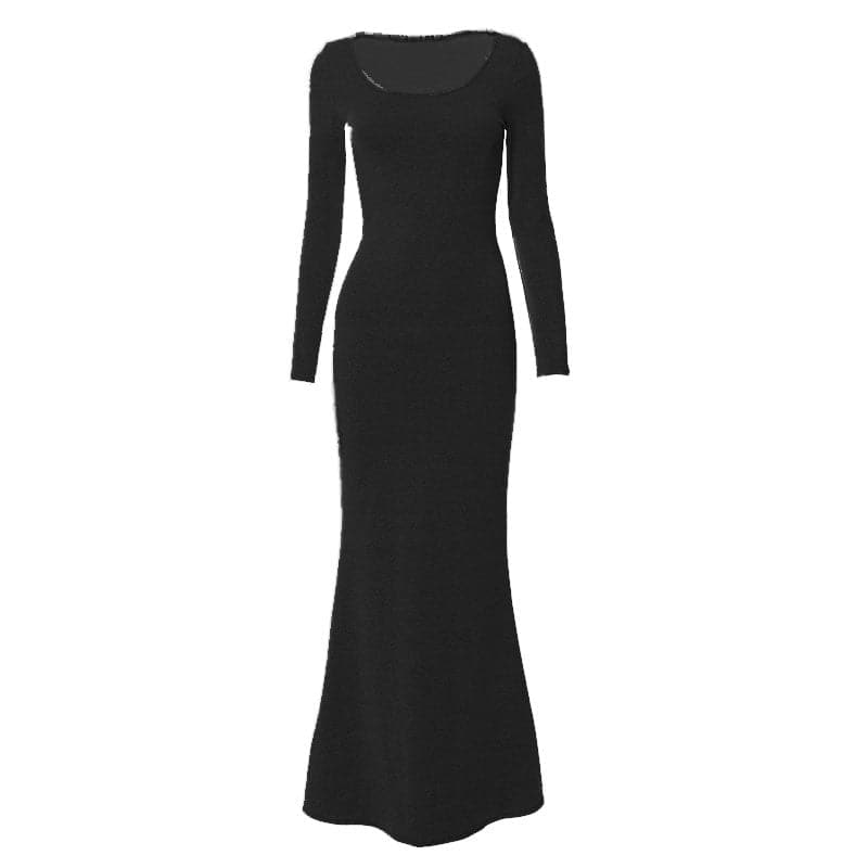 Scoop Neck Long Sleeve Mermaid Hem Knit Bodycon Maxi Dress