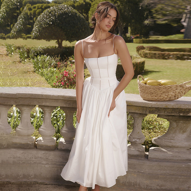 Square Neck Corset Basque Waist Pleated Midi Dress
