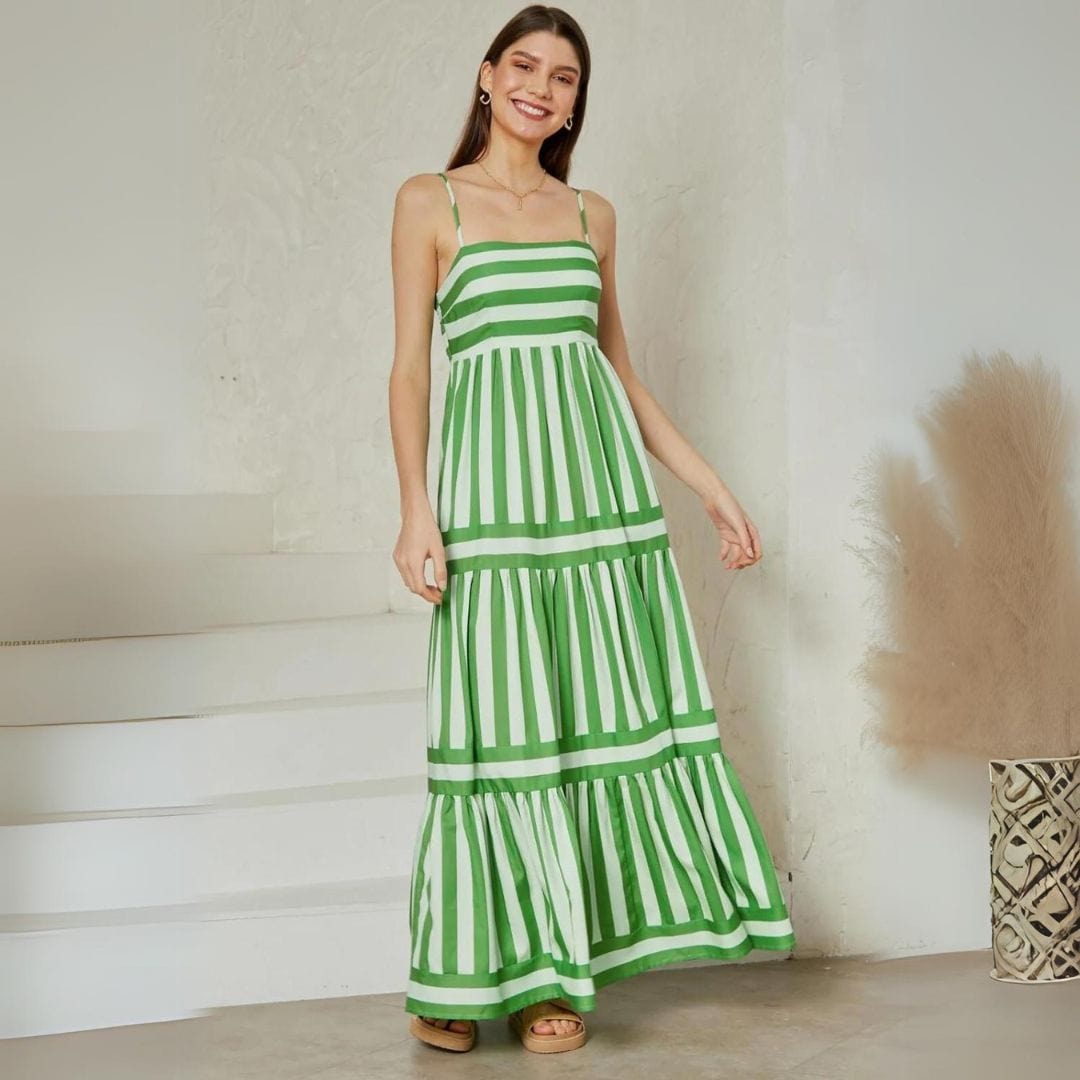 Striped Empire Waist Tiered Ruffle Spaghetti Strap Maxi Dress