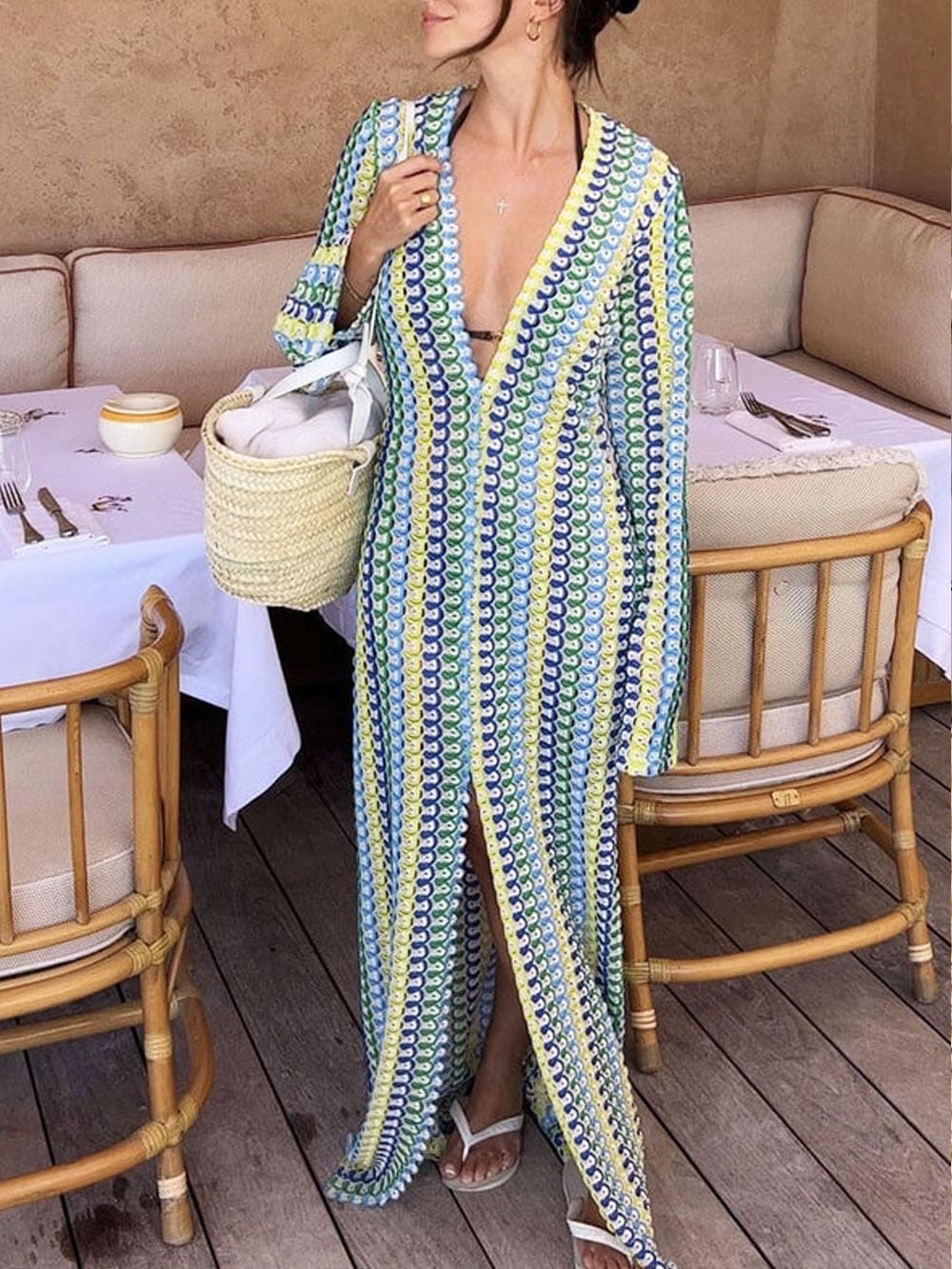 Crochet Stripe Print Deep V-Neck Long Sleeve Front Slit Maxi Dress