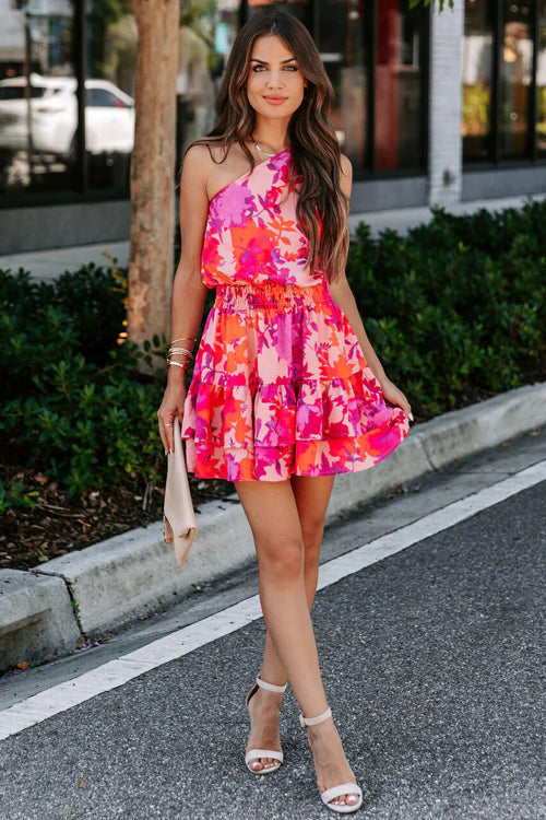One Shoulder Floral Print Ruched Wrap Mini Dress