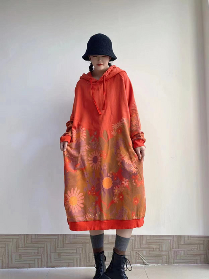 Hooded Long Sleeve Floral Print Knit Bodycon Midi Dress