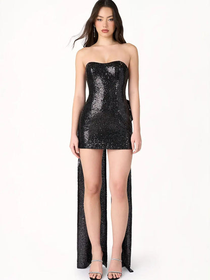 Strapless Sequin Sweetheart Bodice Train Panel Mini Dress