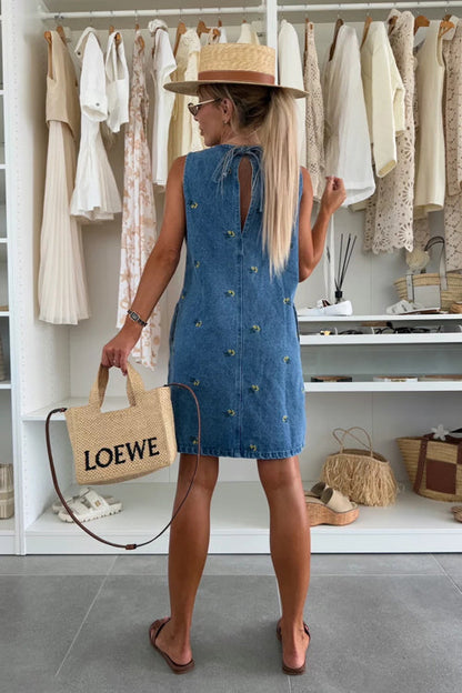 Embroidered Tie Back Denim Mini Dress