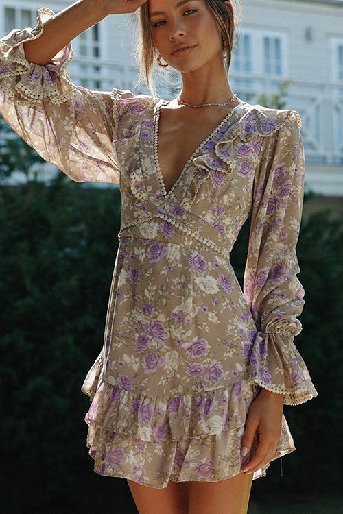 Deep V Neck Crochet Trim Bell Sleeve Tiered Floral Mini Dress
