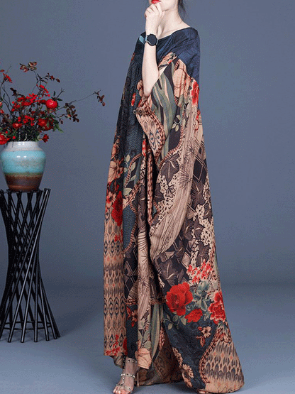 Scoop Neck Batwing Sleeve Mixed Floral Paisley Spotted Print Maxi Kaftan Dress